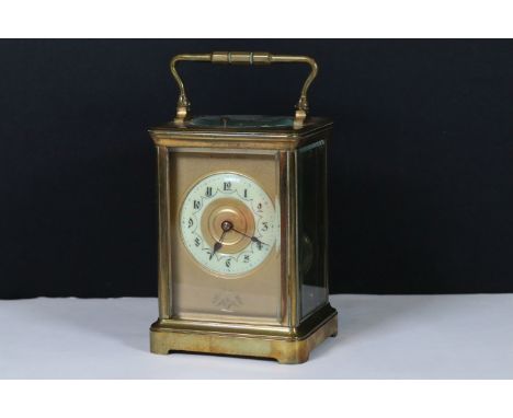 Brass cased repeating carriage clock, early 20th century, the Anglais case with 2.5 inch enamelled chapter ring with Arabic n