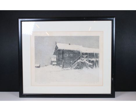 Russian school, snowy village scene, etching, signed indistinctly lower right and dated '62, titled lower left, 28.5 x 38.5cm