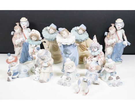 Quantity of Lladro clowns in various poses to include 1500, signed to base, 5813, 7686, 5278 and Nao examples
