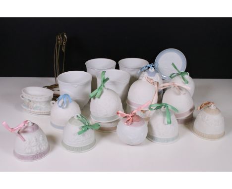 Large group of Lladro bisque hanging bells (15) together with a Christmas bauble, four scenic Collectors Society beakers, min