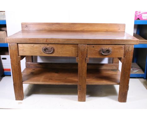 Work table with two drawers and pot shelf below, H 84cm, W 157cm, D 68cm