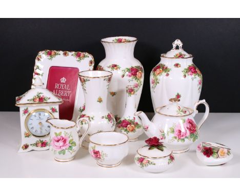 Royal Albert 'Old Country Roses' items to include four vases in varying forms, trinket box, floral display, picture frame and