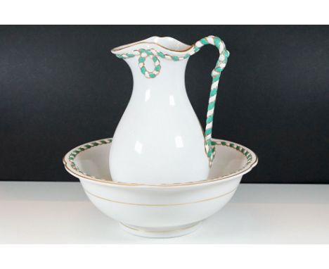 Copeland wash basin, diameter 38cm and water pitcher jug, H 36cm with green and gilt garland rope twist design
