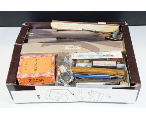 Collection of drawing tools and accessories to include panthograph, drawing scales, scale rulers, brass magnifying glass, rub