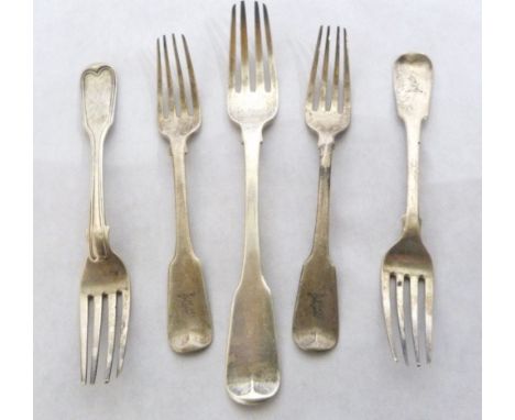 Four Georgian silver dessert forks and a Georgian silver dinner fork. Various dates. 7ozs 3dwts