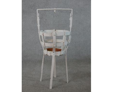 A circa 1950s Gladlyn Ware teak jardiniere stand, on tripod legs, together with a white painted wrought iron jardiniere stand