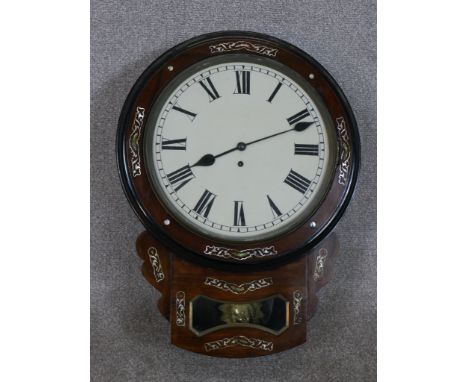 A 19th century Rosewood and mother of pearl inlaid drop dial wall clock, the white painted dial with black painted Roman nume