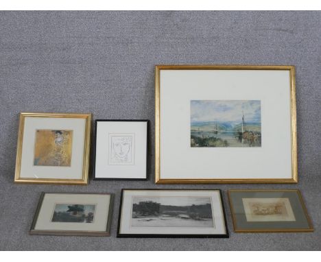 Six framed coloured prints to include pencil signed Artists proof study of mushrooms, Gustav Klimt, portrait of Adele Bloch -