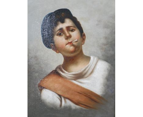 Unsigned, 19th century British school, Portrait of a boy smoking with blue cap, oil on canvas, in a gilt frame. H.57 W.47cm 