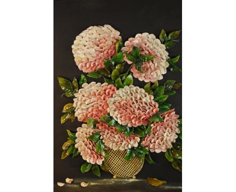 Maria de Garcia (Contemporary) a three dimensional ceramic picture of Hydrangeas, framed. H.87 W.73cm. 