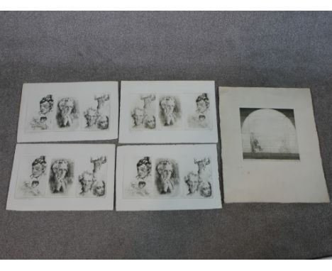 Five unframed etchings, four of portrait sketches, signed Edward Davies and another of figures illustrating perspective, unsi
