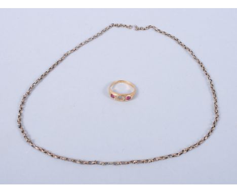 An 18ct gold, diamond and ruby dress ring (central stone missing), 4g, and a yellow metal necklace (lacking clasp), 3.8g