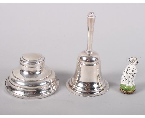 A silver Capstan inkwell (missing liner), a silver bell, and a silver and moss agate hand-painted ceramic desk seal, formed a