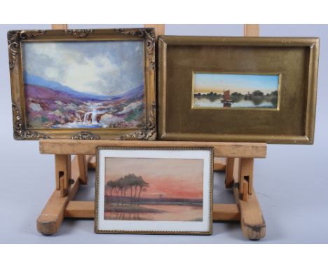 WJP: watercolours, boat at sea, 2" x 4 1/2", in gilt frame, a watercolour landscape, stream in a valley, indistinctly signed,