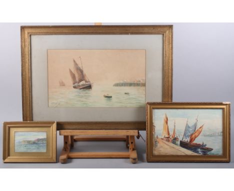 H H Bingley: watercolours, seascape with boats and buoys, 9" x 15", in gilt frame, R Blossier: watercolour, boats, 7" x 10 1/
