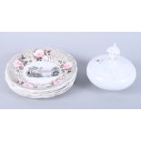 A Vienna porcelain powder bowl and cover, and a set of five Villeroy & Boch landscape decorated