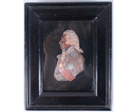 A coloured wax portrait miniature of Nelson, in ebonised frame, bust 2 3/4" long