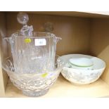 A Wedgwood floral decorated bowl, a cut glass bowl, a wine cooler, a claret jug and a Hermes Limoges