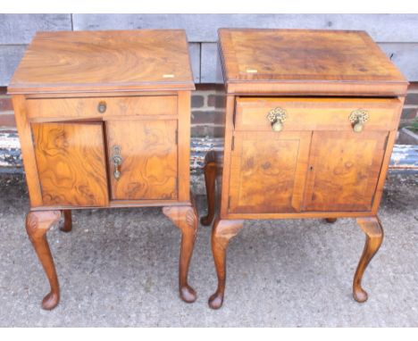 A walnut bedside cupboard with two cupboard doors below a shelf, on cabriole supports, 17" wide x 28 1/2" high, and another s