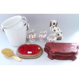 Three 19th century lustre jugs, a Staffordshire dog, a slops pail, a chamber pot, three stands, etc
