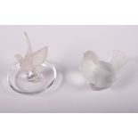 A Lalique pin tray, mounted frosted glass figure of a dove taking flight, 4" high, and a Lalique