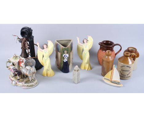 A Grafenthal Thuringia porcelain figure group, horses and figures, a pair of Burslem figures, in yellow kaftans, stoneware ju