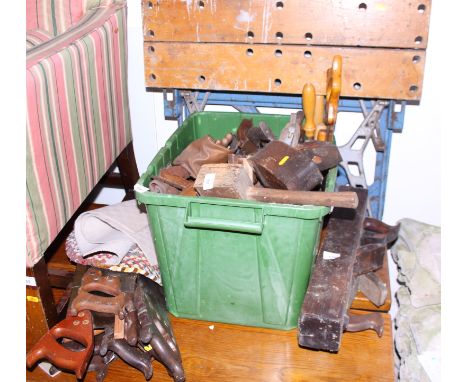 A workmate, a collection of woodworking hand tools