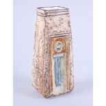 A Troika coffin vase with brown and blue glaze and incised decoration, 7" high