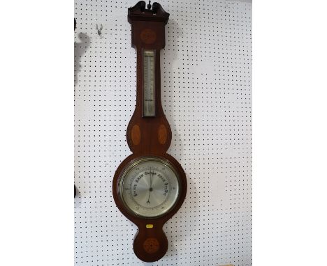 A mahogany and inlaid banjo barometer and thermometer with silvered dial