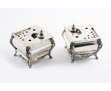A PAIR OF LATE 19TH CENTURY DUTCH REPRODUCTIONS OF 18TH CENTURY INKSTANDS of square bombe form with a lift-out ink vessel, wi
