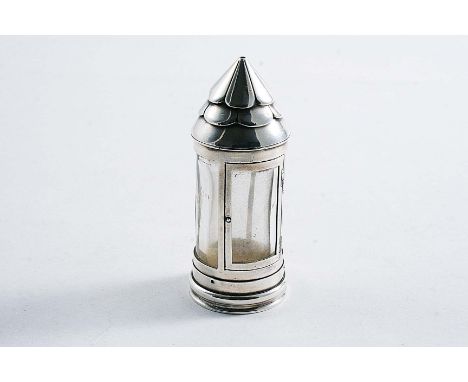 A VICTORIAN NOVELTY MOUNTED CLEAR GLASS SCENT BOTTLE in the form of a railway lantern with engraved detail & screw cover, unm