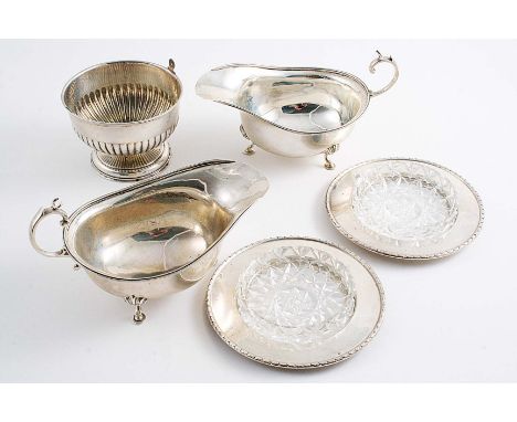 A MIXED LOT:- A pair of sauce boats by H. Woodward & Co., London 1913, a part-fluted sugar bowl & a pair of butter dishes wit