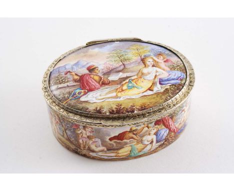 A LATE 19TH CENTURY AUSTRO-HUNGARIAN SILVERGILT MOUNTED ENAMEL BOX, oval with a polychrome figural scene around the sides, an