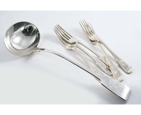 A SET OF FIVE GEORGE IV IRISH FIDDLE TABLE FORKS crested* by Thomas Farley or Farnett, Dublin 1825 and an Irish Fiddle soup l