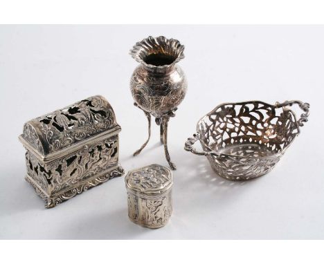 A LATE 19TH CENTURY DUTCH MINIATURE PIERCED CASKET, a bonbon basket (with English import marks for 1910), a small vase (impor