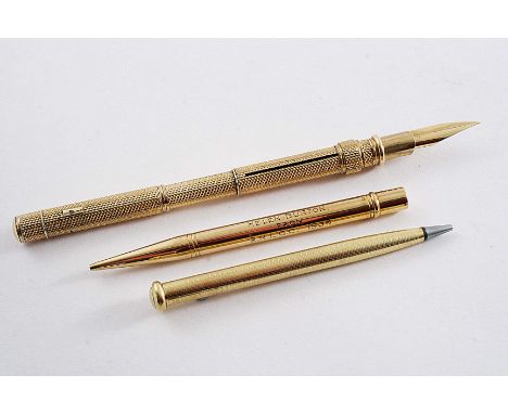 A LATE 19TH CENTURY GOLD-CASED DIP-PEN & PENCIL COMBINED of tubular form with engine-turning, a telescopic section (to extend