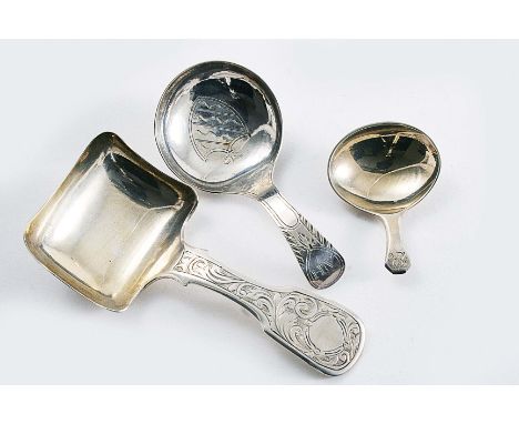 A RARE GEORGE III MINIATURE COFFIN-END CADDY SPOON initialled, unmarked c.1805 together with an engraved caddy spoon, initial