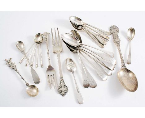 A MIXED LOT:- A "Manchester Dog Show" prize dessert spoon, a dessert fork, a three-prong dessert fork, a Dutch "windmill" tea