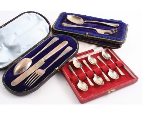 A LATE VICTORIAN CHRISTENING KNIFE, FORK & SPOON initialled, by Messrs. Hutton & Sons Ltd., London 1896 (cased), a spoon & fo