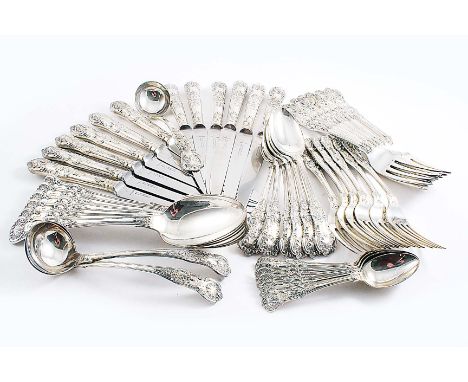 AN EDWARDIAN PART CANTEEN OF QUEEN'S PATTERN FLATWARE INCLUDING:- Six table spoons, six table forks, six dessert spoons, six 