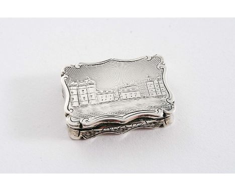 A RARE EARLY VICTORIAN ENGRAVED "CASTLETOP" VINAIGRETTE of shaped oblong outline with a view of Holyrood House on the cover a