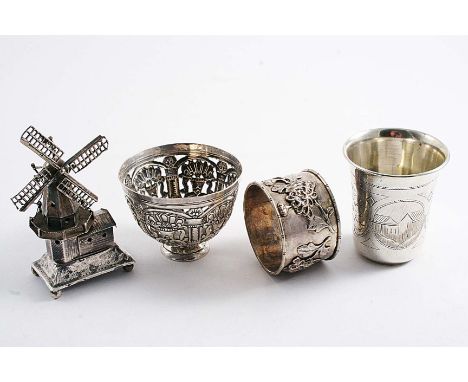 A MIXED LOT:- A small engraved Russian beaker, gilt interior, Moscow 1890, a Chinese napkin ring with applied chrysanthemum f