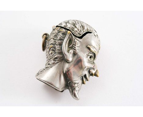 A LATE 19TH / EARLY 20TH CENTURY PLATED BRASS VESTA CASE in the form of the head of the devil with push-button nose (to open 