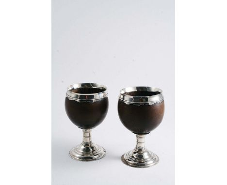 A PAIR OF 18TH CENTURY MOUNTED COCONUT GOBLETS with lappet borders below the ring and spreading circular pedestal bases with 