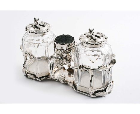 A LATE 18TH CENTURY DUTCH OIL & VINEGAR FRAME by Peter Kersbergen, The Hague 1773 with two, later-mounted cut down, glass bot