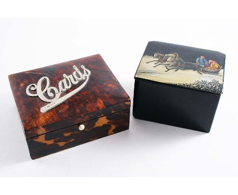 A LATE VICTORIAN MOUNTED TORTOISESHELL PLAYING CARDS BOX (containing two packs & a pencil), maker's mark "P&T", Birmingham 18