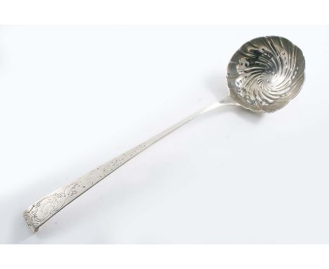 A RARE GEORGE III IRISH PROVINCIAL "HOOK-END" SOUP LADLE with a swirl-fluted bowl and a chased, feather-edge stem, crested, b