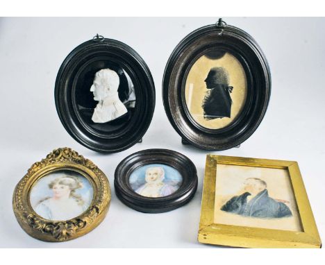 ENGLISH SCHOOL, LATE 19TH CENTURY Two miniature portraits, each of a lady, on ivory; portrait of a gentleman, on card, a silh