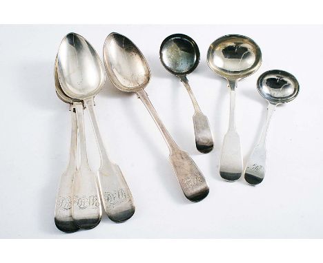 EXETER-MADE FLATWARE:- A pair of Fiddle table spoons, initialled, by W.R. Sobey 1833, another by the same maker, same initial