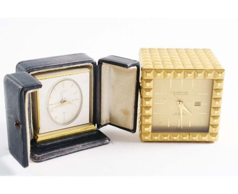 A 20TH CENTURY FRENCH PLATED & GILT METAL TRAVELLING ALARM TIMEPIECE, signed "Hermes Paris" on the dial (fitted leather trave